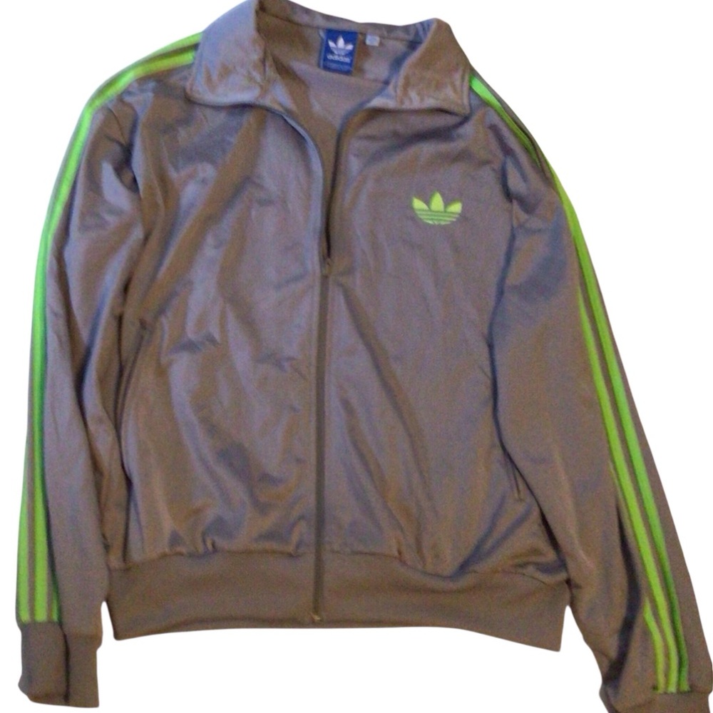 Adidas  Men Grey Track Jacket with Neon Green Stripes 2X Pre-owned
